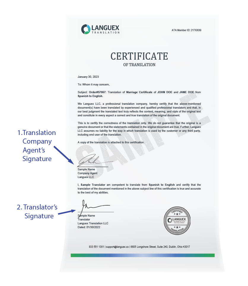 Sample of a standard translation certificate