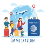illustration of a family traveling for immigration with a passport, word map and a plane