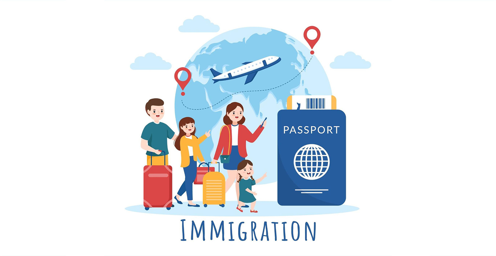 illustration of a family traveling for immigration with a passport, word map and a plane